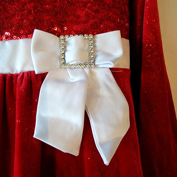 Girls Red & White Long Sleeve Christmas Dress W/ Faux Fur Trim Sequin Top Bow Ac - Picture 4 of 13